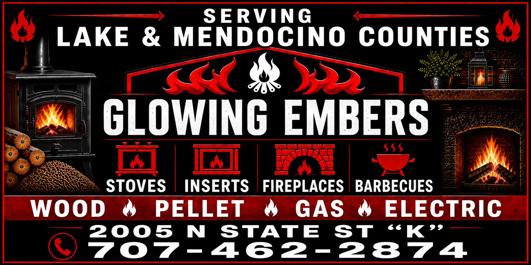 Glowing Embers, serving Lake and Mendocino counties: stoves, inserts, fireplaces and barbecues in wood, pellet, gas and electric