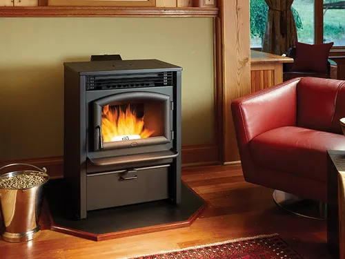 Lopi AGP Pellet Stove, a freestanding pellet-burning stove with a glass door and a lit fire visible