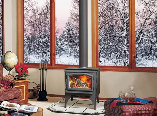 Lopi Answer Hybrid Wood Stove, a freestanding wood-burning stove with a glass door and a lit fire visible