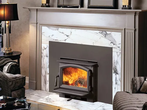 Lopi Answer Hybrid Wood Insert, a wood-burning fireplace insert with a glass door, installed in a fireplace surround with a lit fire visible