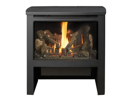 Lopi Cypress Gsr2 Gas Stove, a freestanding gas-burning stove with a glass door and a lit fire visible