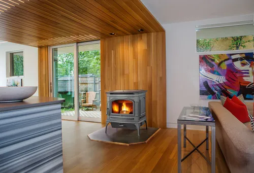 Lopi Deerfield Pellet stove, a freestanding pellet-burning stove with a glass door and a lit fire visible