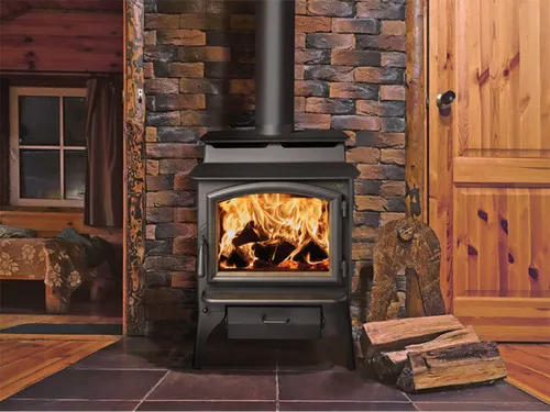 Lopi Endevor Hybrid Wood Stove, a freestanding wood-burning stove with a glass door and a lit fire visible