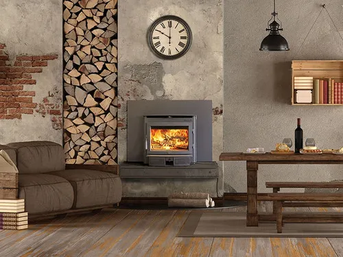 Lopi Evergreen Hybrid Wood Insert, a wood-burning fireplace insert with a glass door, installed in a fireplace surround with a lit fire visible