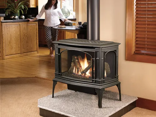 Lopi Greenfield GSR2 Gas Stove, a freestanding gas-burning stove with a glass door and a lit fire visible