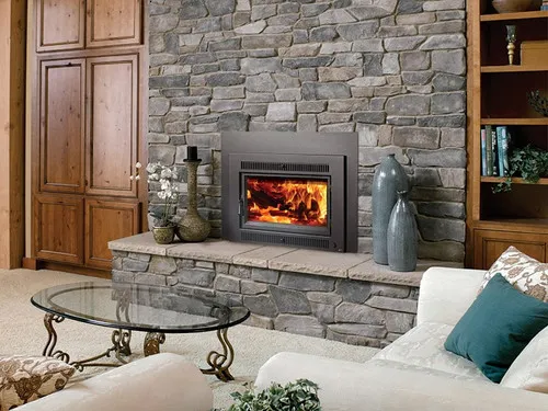 Lopi Large Flushwood Rectangle Hybrid Wood Insert, a wood-burning fireplace insert with a glass door, installed in a fireplace surround with a lit fire visible