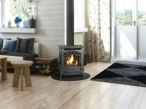 Lopi Northfield GSR2 gas stove, a freestanding gas-burning stove with a glass door and a lit fire visible